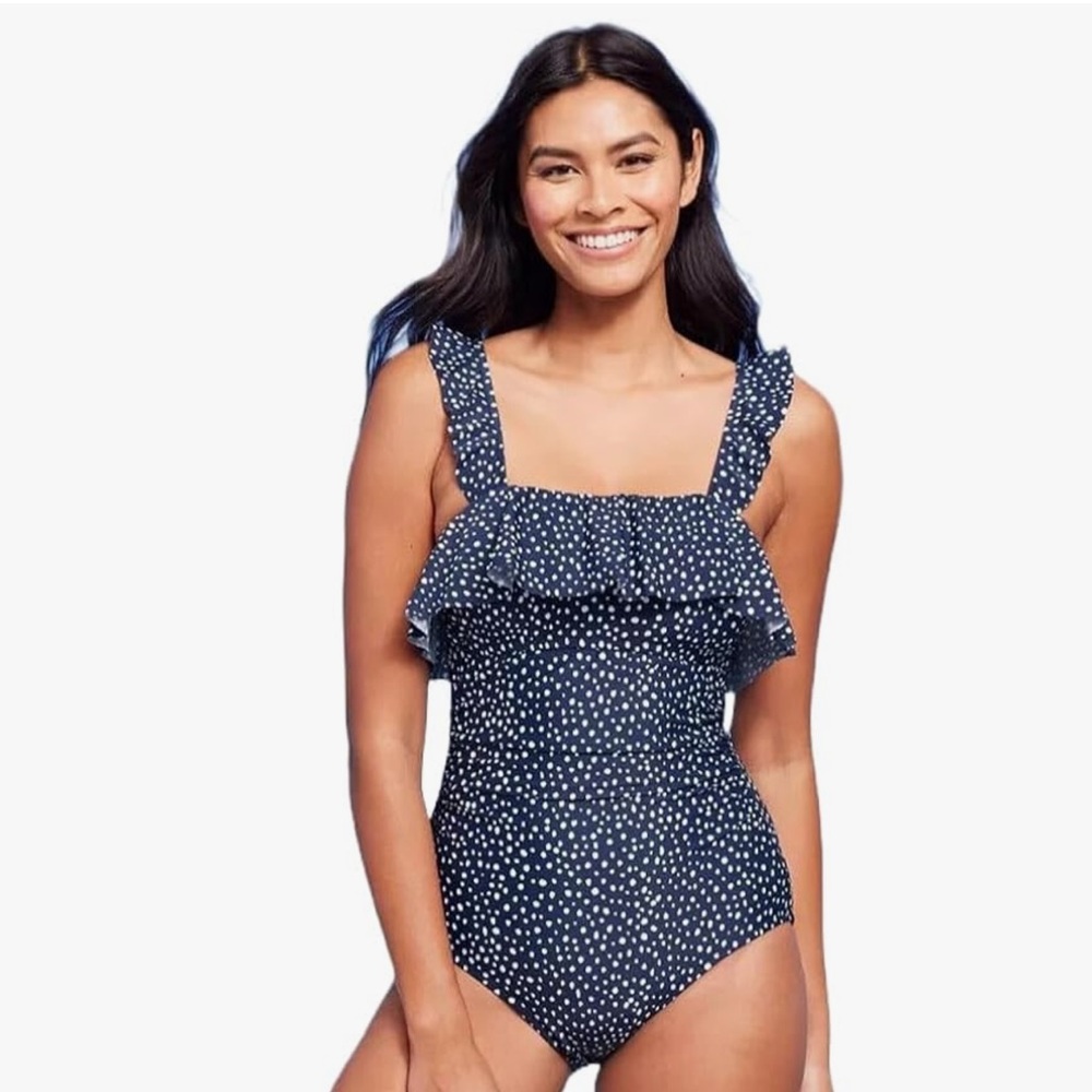 Navy Polka Dot Ruffle Shoulder One Piece Swimsuit